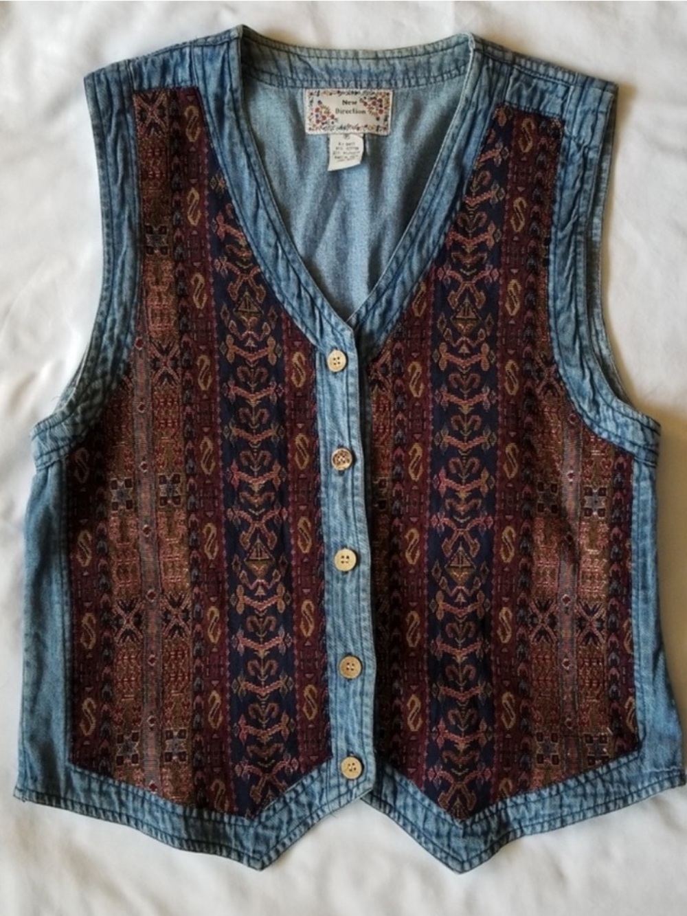 Vintage 90s | Tapestry Denim Vest with Brown Patterned Front Panels